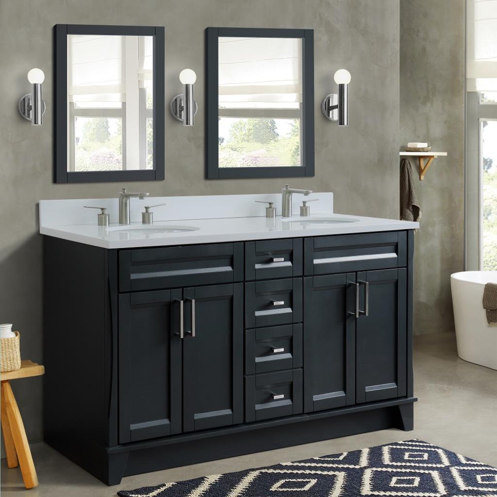 Bellaterra Terni 61" Double Vanity, Dark Gray, White Quartz Top/Oval Sink