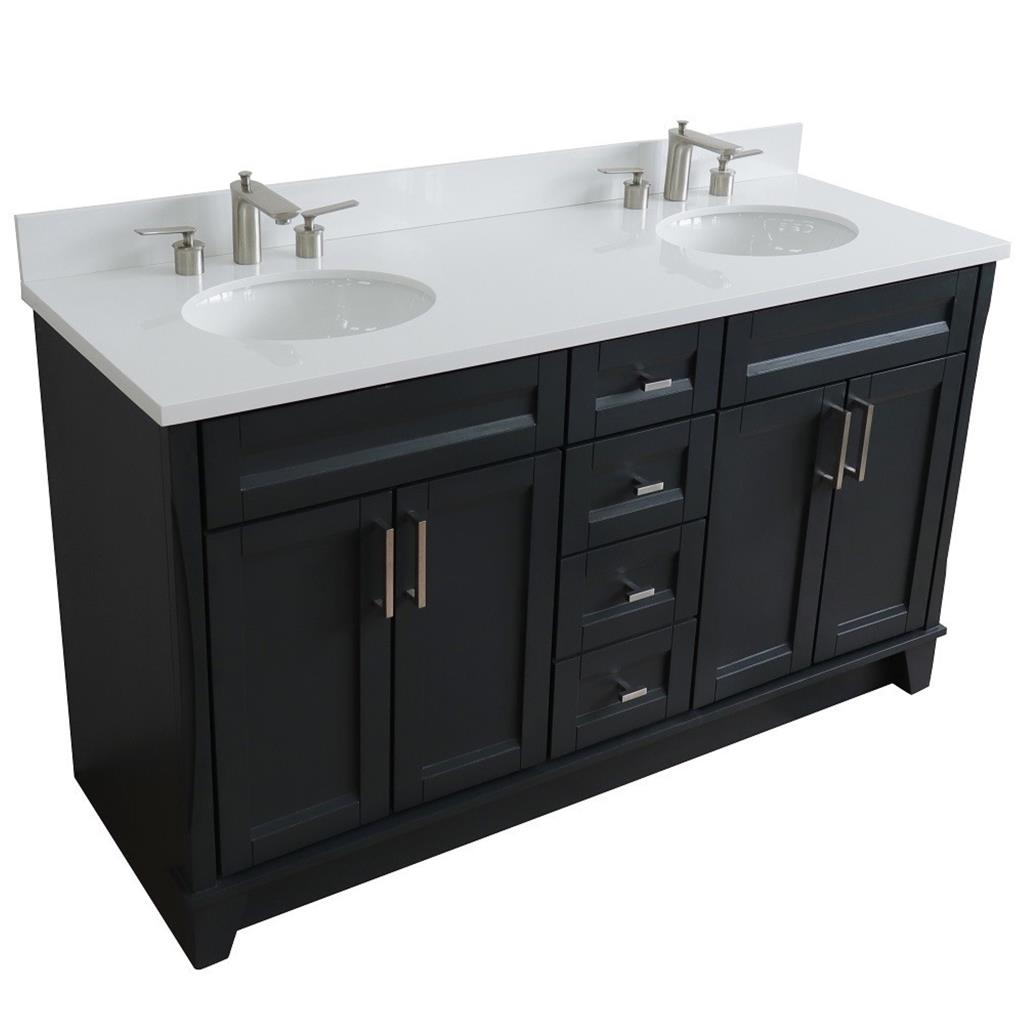 Bellaterra Terni 61" Double Vanity, Dark Gray, White Quartz Top/Oval Sink