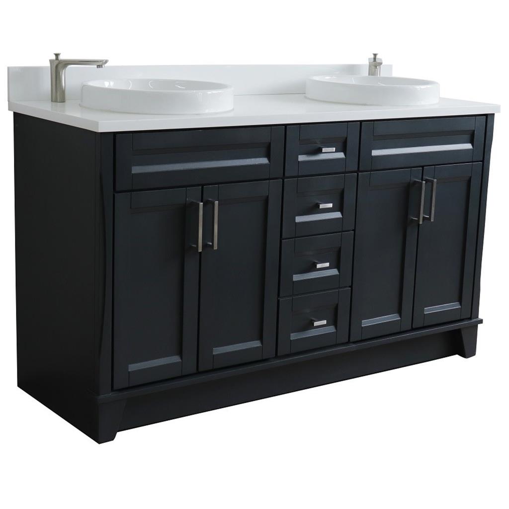 Bellaterra Terni 61" Double Vanity, Dark Gray, White Quartz Top/Round Sink