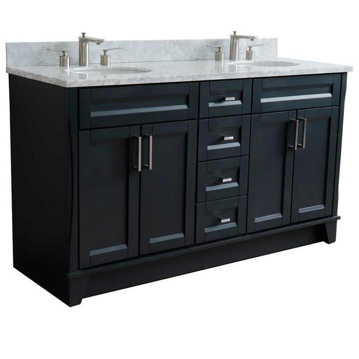 Bellaterra Terni 61" Double Vanity, Dark Gray, White Carrara Marble Top/Oval Sink