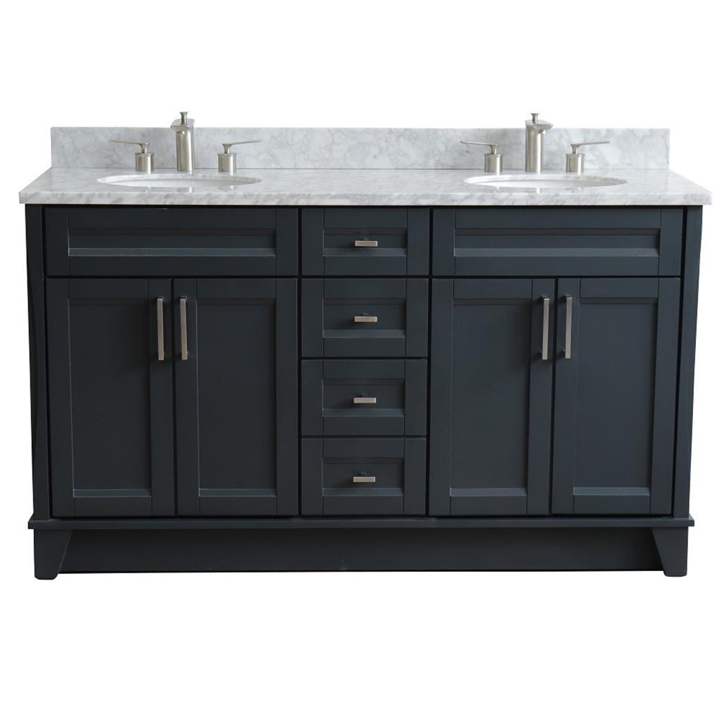 Bellaterra Terni 61" Double Vanity, Dark Gray, White Carrara Marble Top/Oval Sink