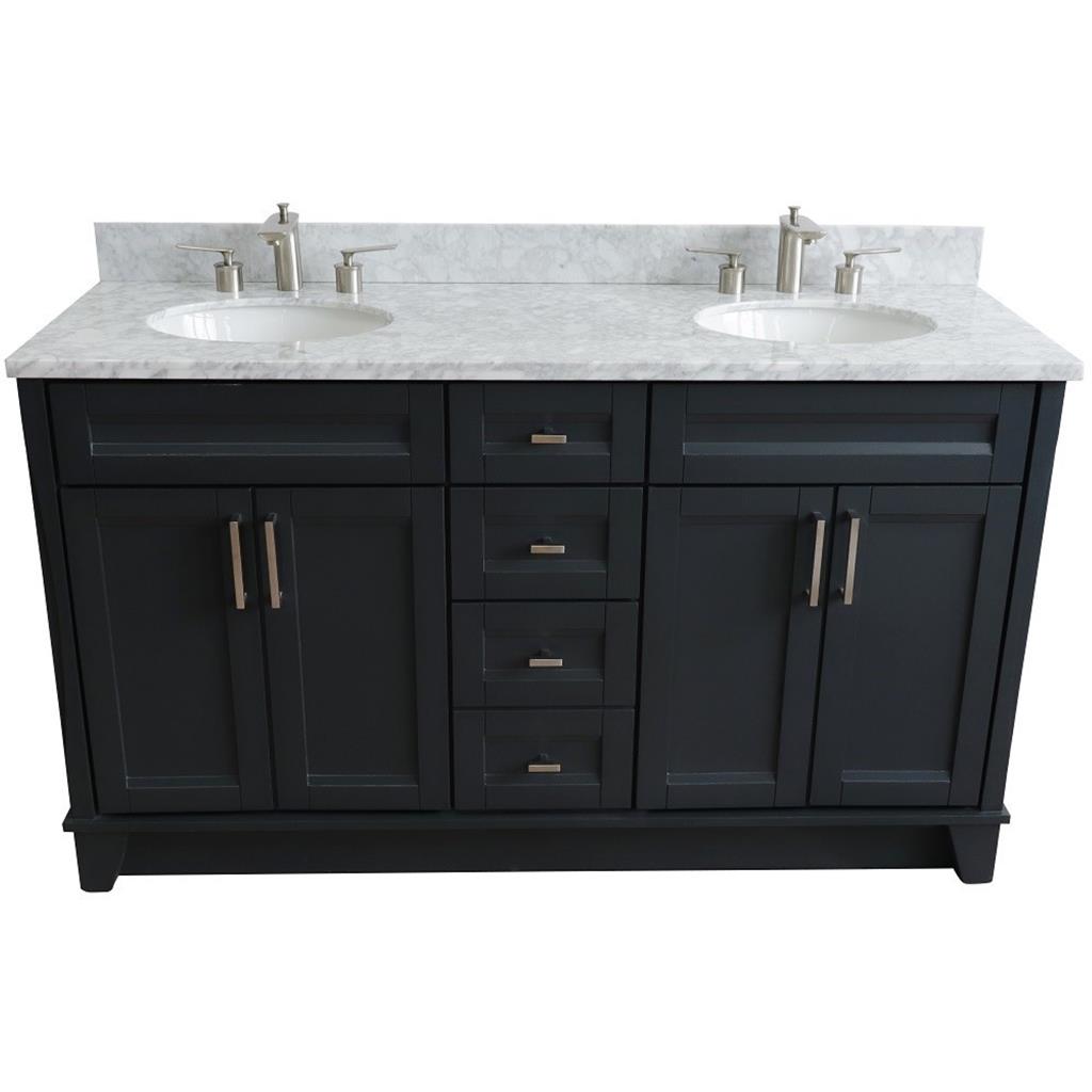 Bellaterra Terni 61" Double Vanity, Dark Gray, White Carrara Marble Top/Oval Sink