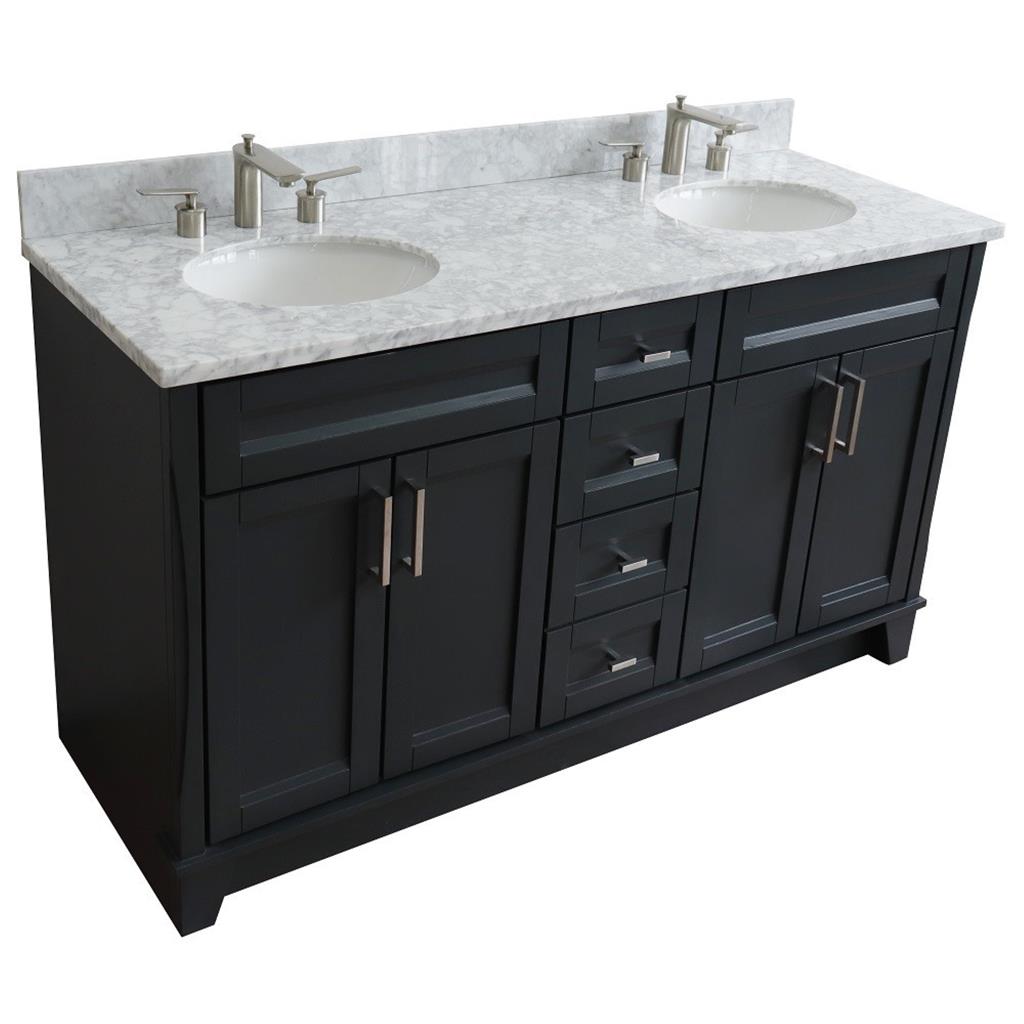 Bellaterra Terni 61" Double Vanity, Dark Gray, White Carrara Marble Top/Oval Sink