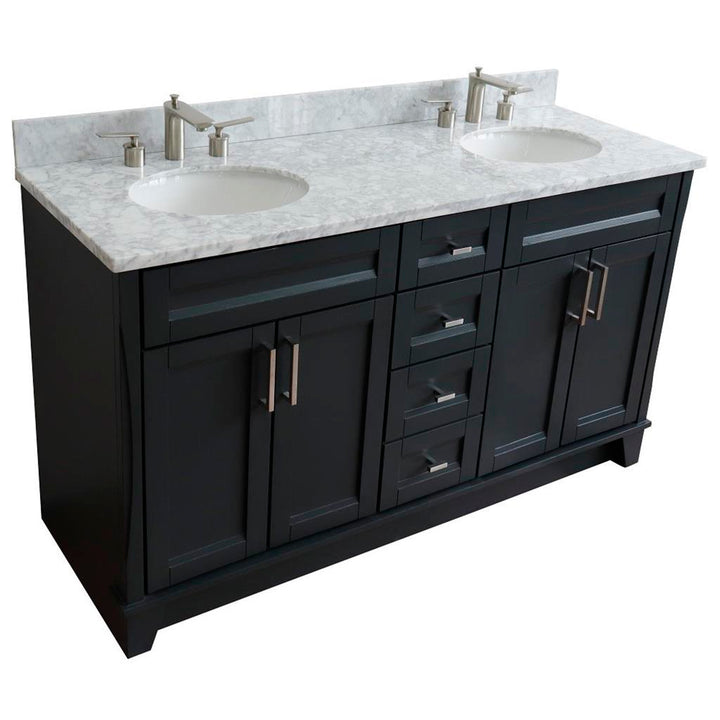 Bellaterra Terni 61" Double Vanity, Dark Gray, White Carrara Marble Top/Oval Sink