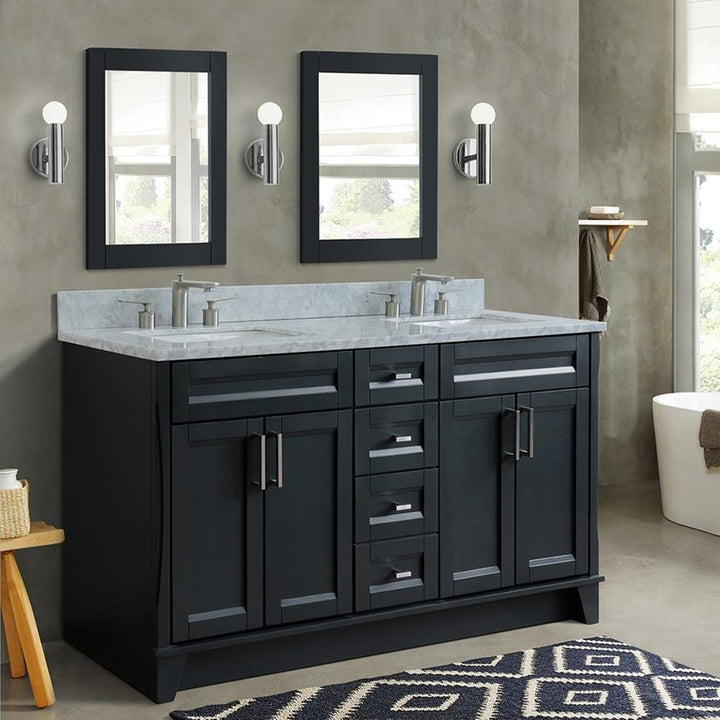 Bellaterra Terni 61" Double Vanity, Dark Gray, White Carrara Marble Top/Rectangle Sink