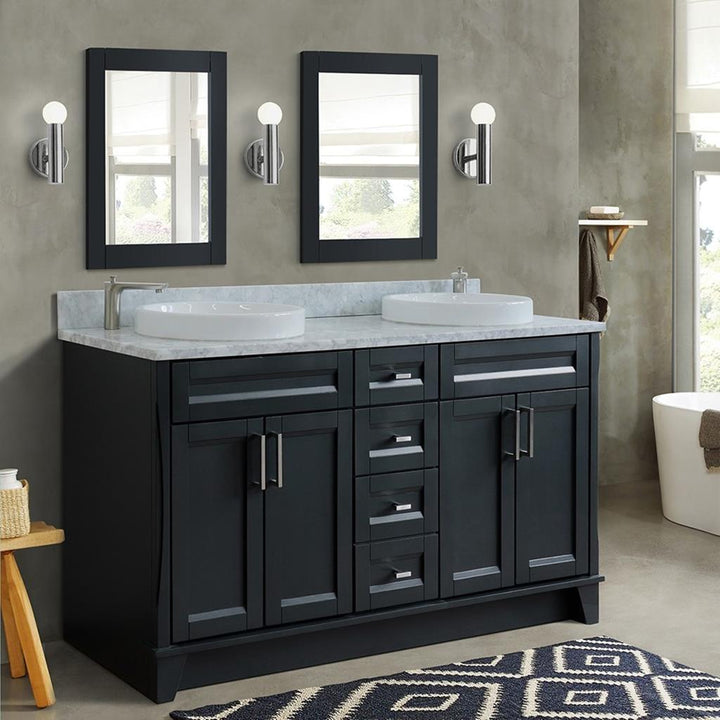 Bellaterra Terni 61" Double Vanity, Dark Gray, White Carrara Marble Top/Round Sink