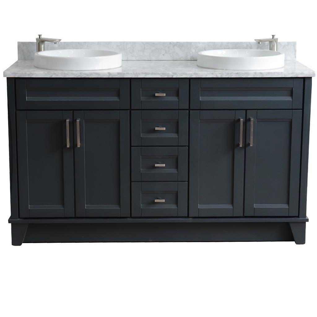 Bellaterra Terni 61" Double Vanity, Dark Gray, White Carrara Marble Top/Round Sink