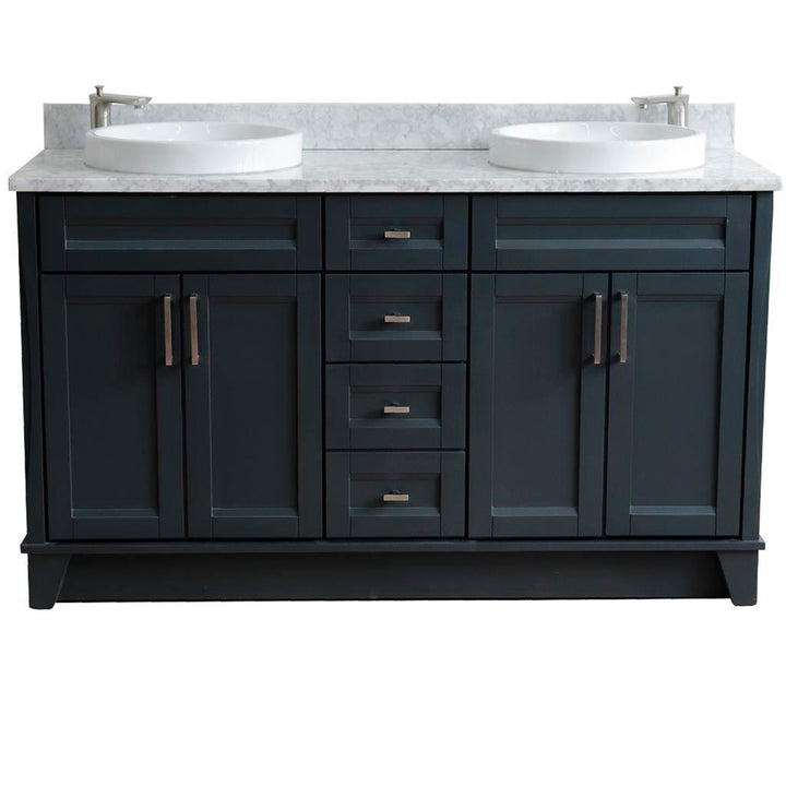 Bellaterra Terni 61" Double Vanity, Dark Gray, White Carrara Marble Top/Round Sink