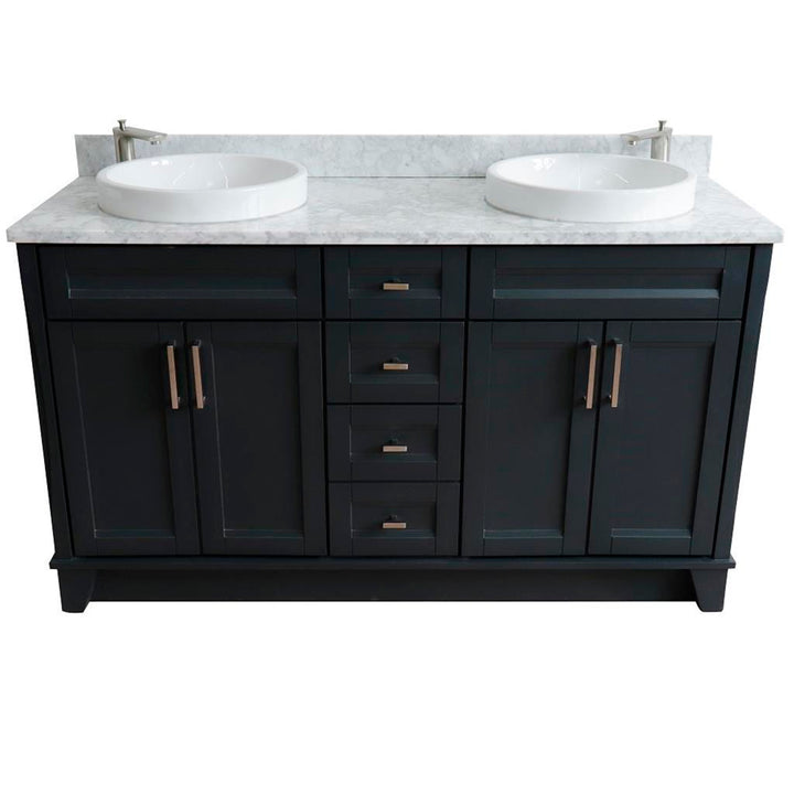 Bellaterra Terni 61" Double Vanity, Dark Gray, White Carrara Marble Top/Round Sink