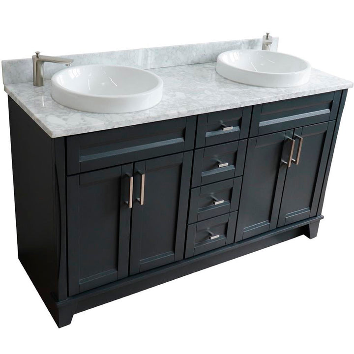 Bellaterra Terni 61" Double Vanity, Dark Gray, White Carrara Marble Top/Round Sink