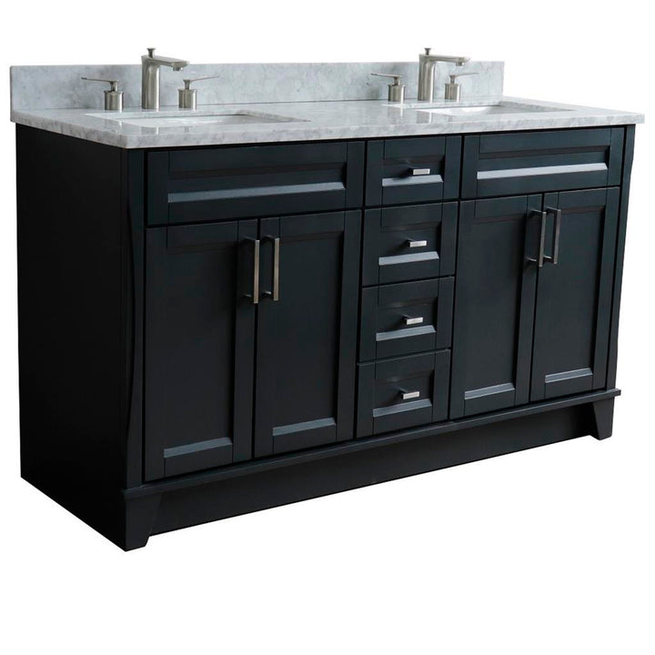 Bellaterra Terni 61" Double Vanity, Dark Gray, White Carrara Marble Top/Rectangle Sink