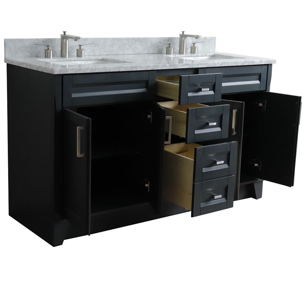 Bellaterra Terni 61" Double Vanity, Dark Gray, White Carrara Marble Top/Rectangle Sink