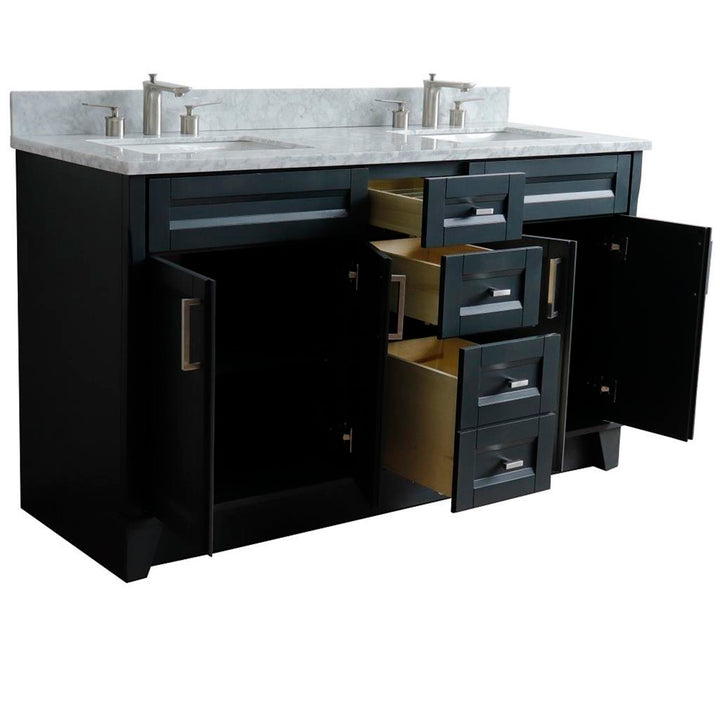 Bellaterra Terni 61" Double Vanity, Dark Gray, White Carrara Marble Top/Rectangle Sink