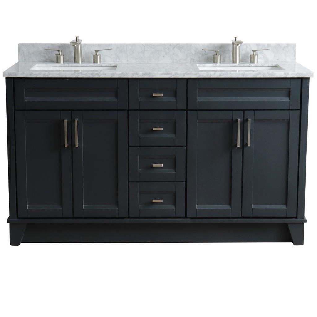 Bellaterra Terni 61" Double Vanity, Dark Gray, White Carrara Marble Top/Rectangle Sink