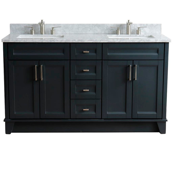 Bellaterra Terni 61" Double Vanity, Dark Gray, White Carrara Marble Top/Rectangle Sink