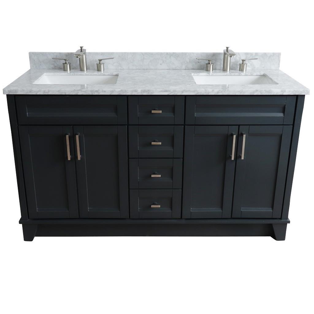 Bellaterra Terni 61" Double Vanity, Dark Gray, White Carrara Marble Top/Rectangle Sink