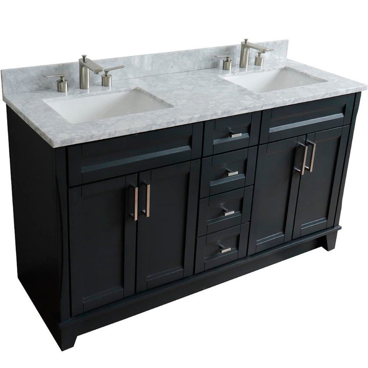 Bellaterra Terni 61" Double Vanity, Dark Gray, White Carrara Marble Top/Rectangle Sink