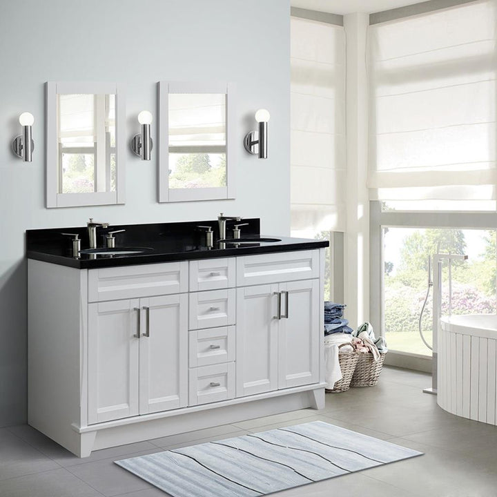 Bellaterra Terni 61" Double Vanity, White, Black Galaxy Granite Top/Oval Sink