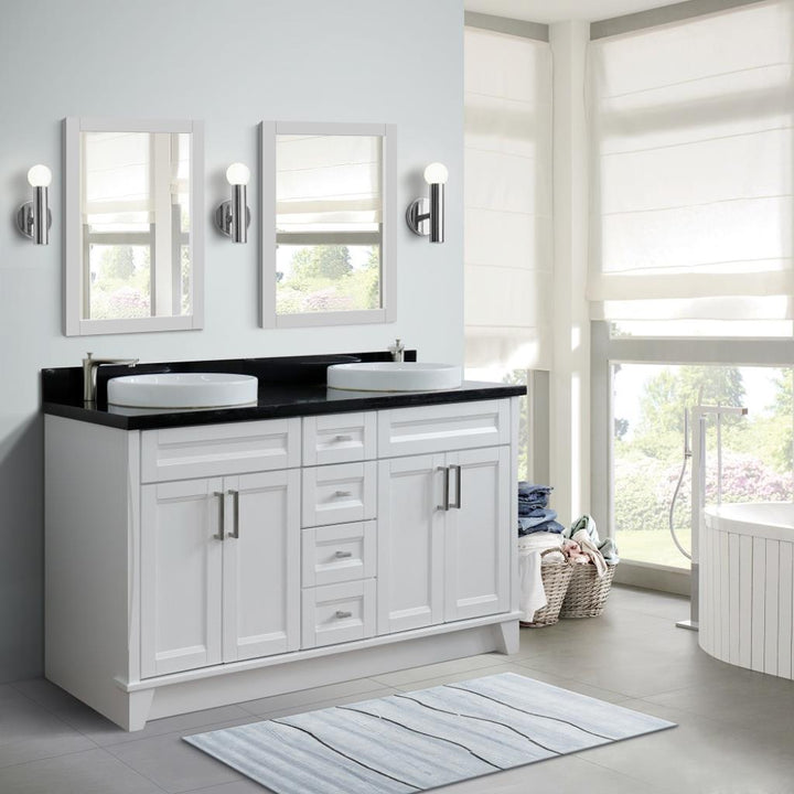 Bellaterra Terni 61" Double Vanity, White, Black Galaxy Granite Top/Round Sink