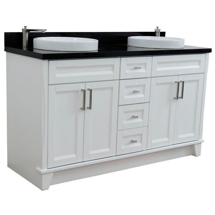 Bellaterra Terni 61" Double Vanity, White, Black Galaxy Granite Top/Round Sink