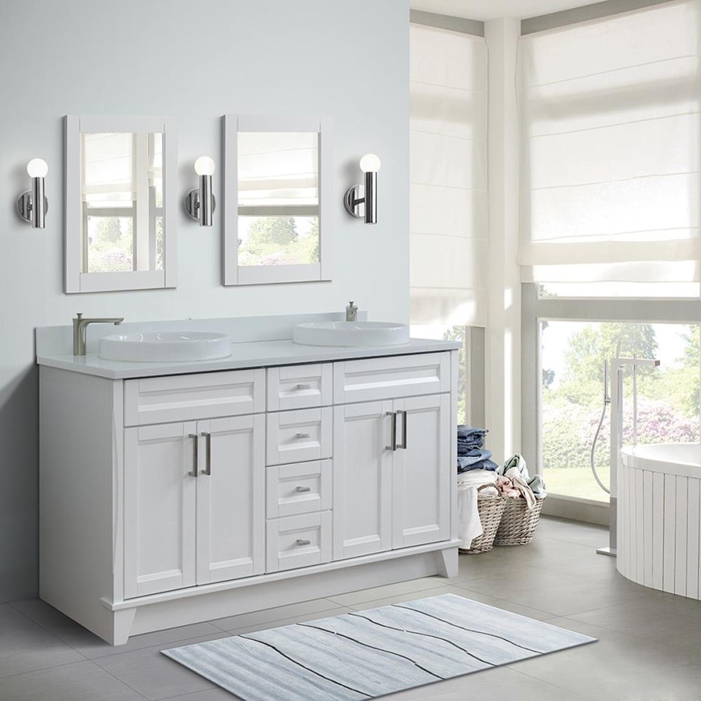 Bellaterra Terni 61" Double Vanity, White, White Quartz Top/Round Sink