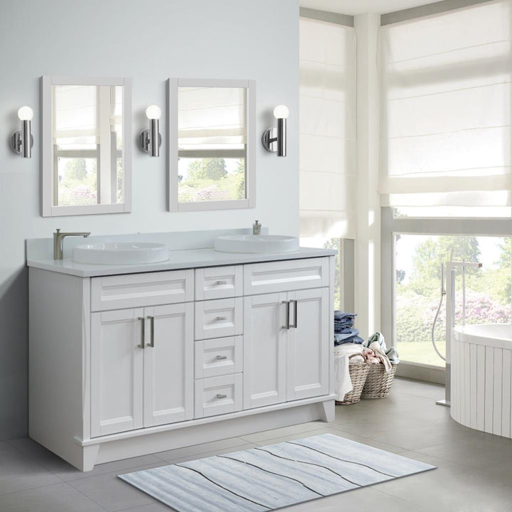 Bellaterra Terni 61" Double Vanity, White, White Quartz Top/Round Sink