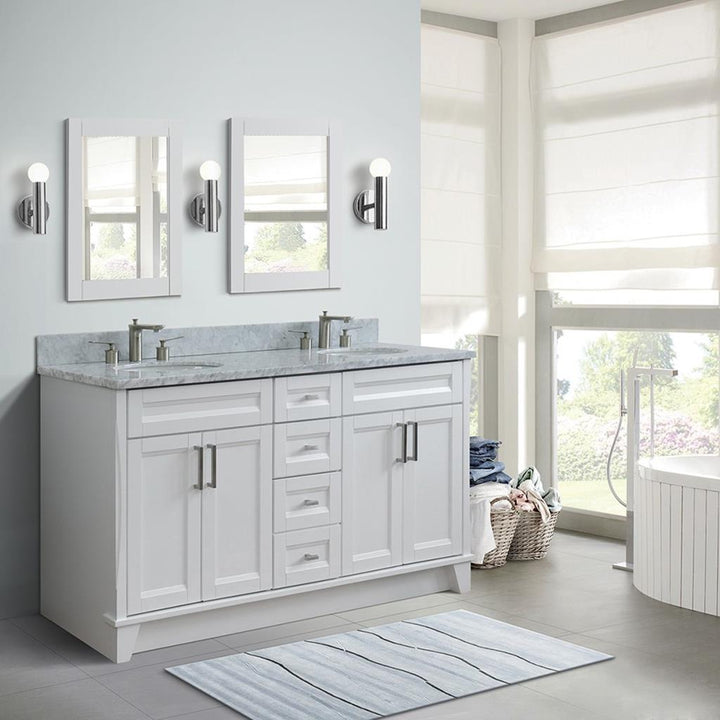 Bellaterra Terni 61" Double Vanity, White, White Carrara Marble Top/Oval Sink