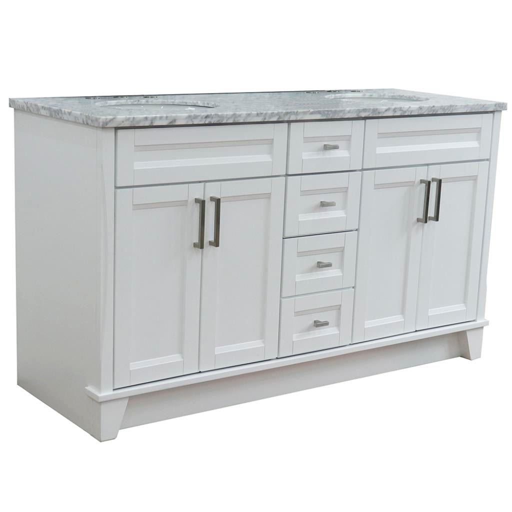 Bellaterra Terni 61" Double Vanity, White, White Carrara Marble Top/Oval Sink