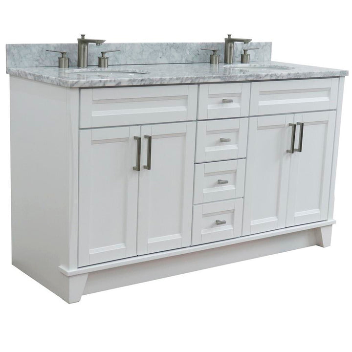 Bellaterra Terni 61" Double Vanity, White, White Carrara Marble Top/Oval Sink