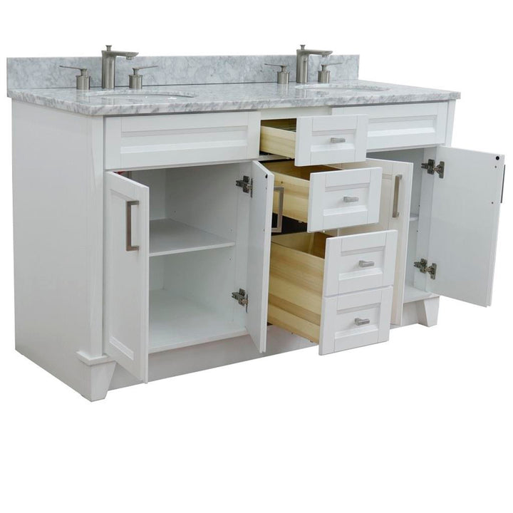 Bellaterra Terni 61" Double Vanity, White, White Carrara Marble Top/Oval Sink