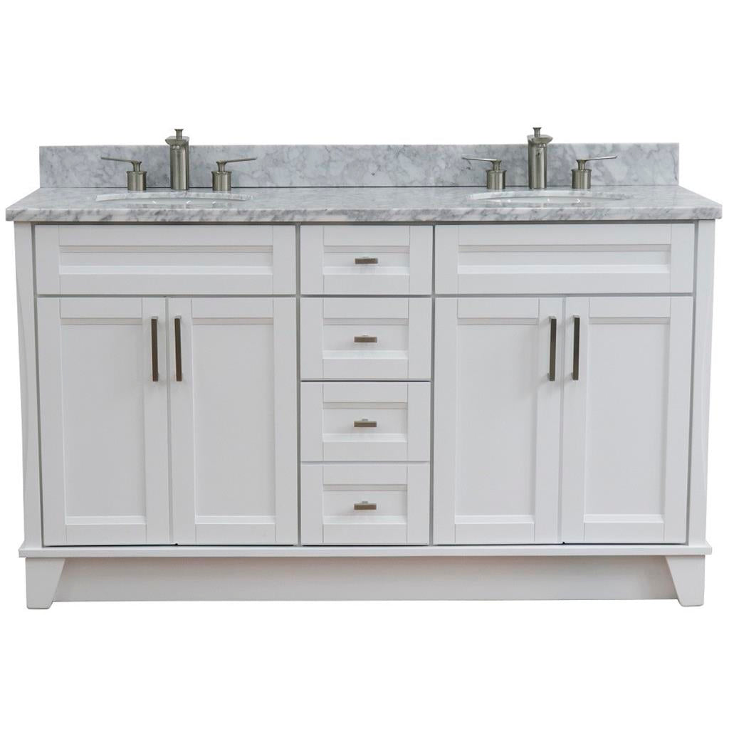 Bellaterra Terni 61" Double Vanity, White, White Carrara Marble Top/Oval Sink