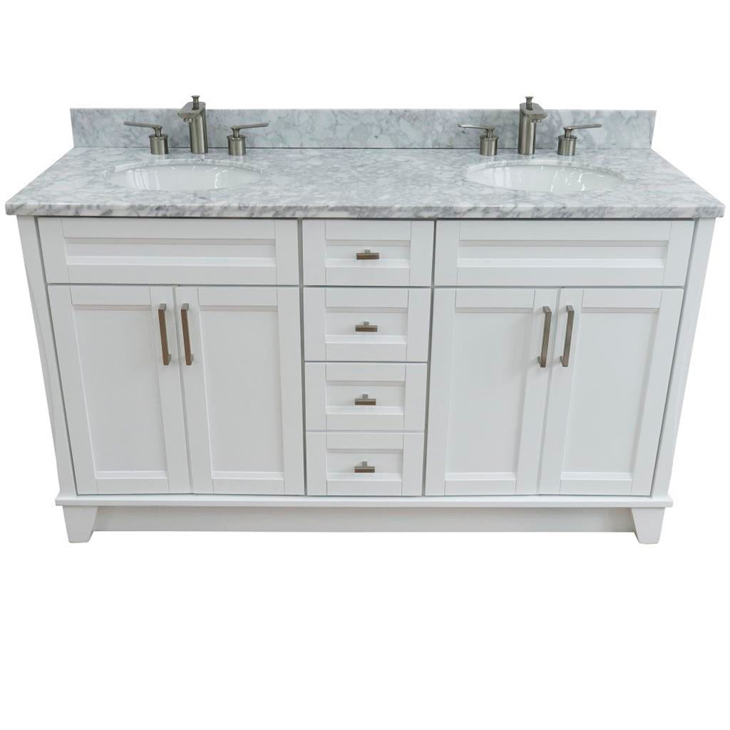 Bellaterra Terni 61" Double Vanity, White, White Carrara Marble Top/Oval Sink