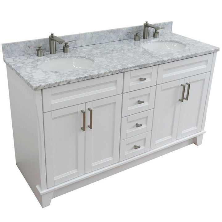 Bellaterra Terni 61" Double Vanity, White, White Carrara Marble Top/Oval Sink