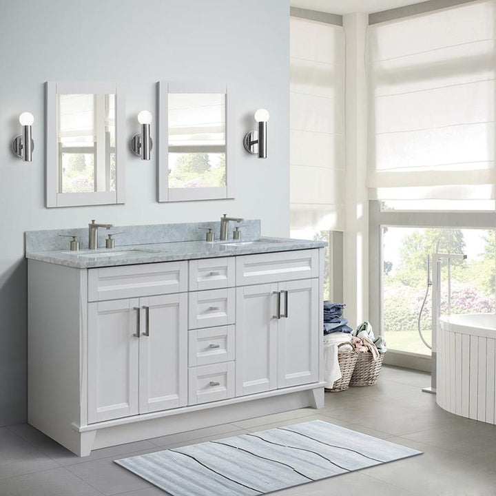 Bellaterra Terni 61" Double Vanity, White, White Carrara Marble Top/Rectangle Sink