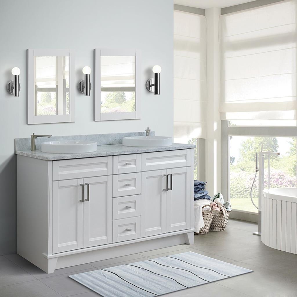 Bellaterra Terni 61" Double Vanity, White, White Carrara Marble Top/Round Sink