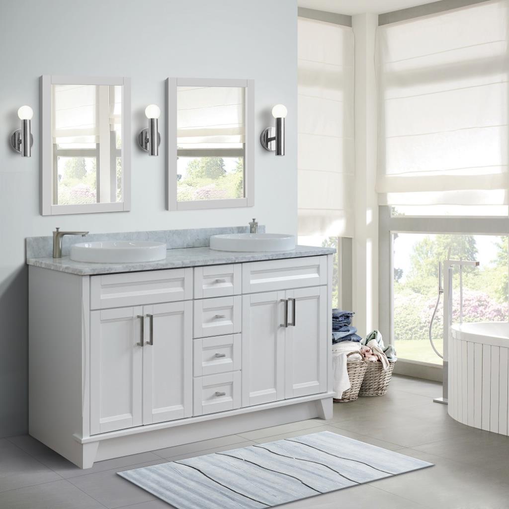 Bellaterra Terni 61" Double Vanity, White, White Carrara Marble Top/Round Sink