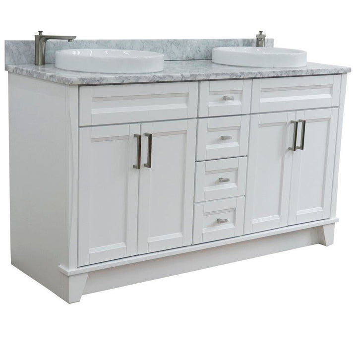 Bellaterra Terni 61" Double Vanity, White, White Carrara Marble Top/Round Sink