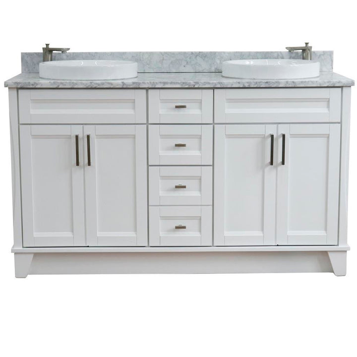 Bellaterra Terni 61" Double Vanity, White, White Carrara Marble Top/Round Sink