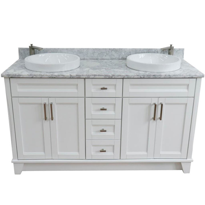 Bellaterra Terni 61" Double Vanity, White, White Carrara Marble Top/Round Sink