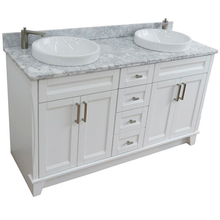 Bellaterra Terni 61" Double Vanity, White, White Carrara Marble Top/Round Sink