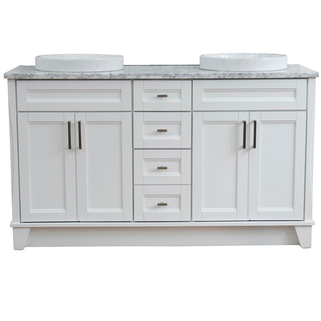 Bellaterra Terni 61" Double Vanity, White, White Carrara Marble Top/Round Sink