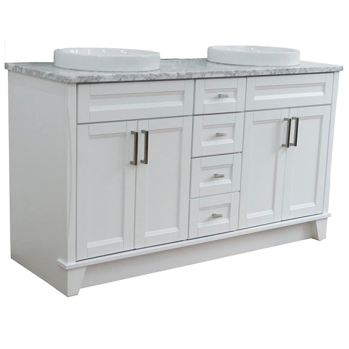 Bellaterra Terni 61" Double Vanity, White, White Carrara Marble Top/Round Sink