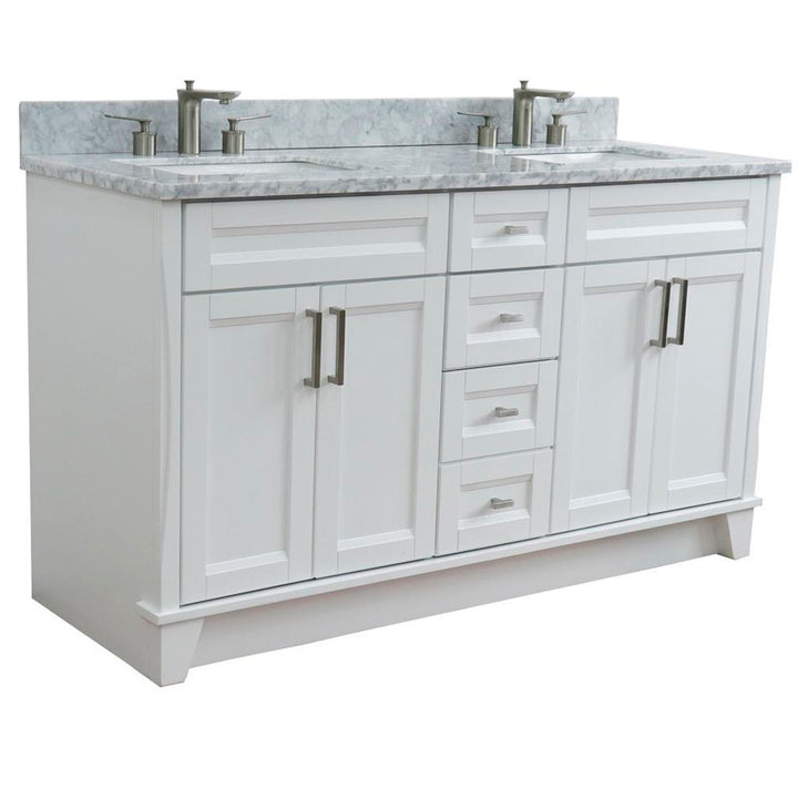 Bellaterra Terni 61" Double Vanity, White, White Carrara Marble Top/Rectangle Sink