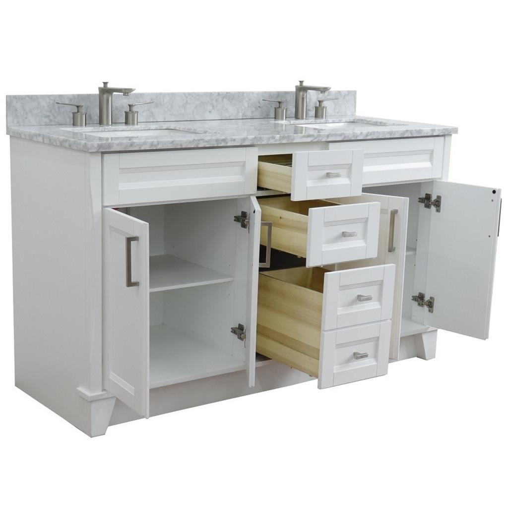 Bellaterra Terni 61" Double Vanity, White, White Carrara Marble Top/Rectangle Sink