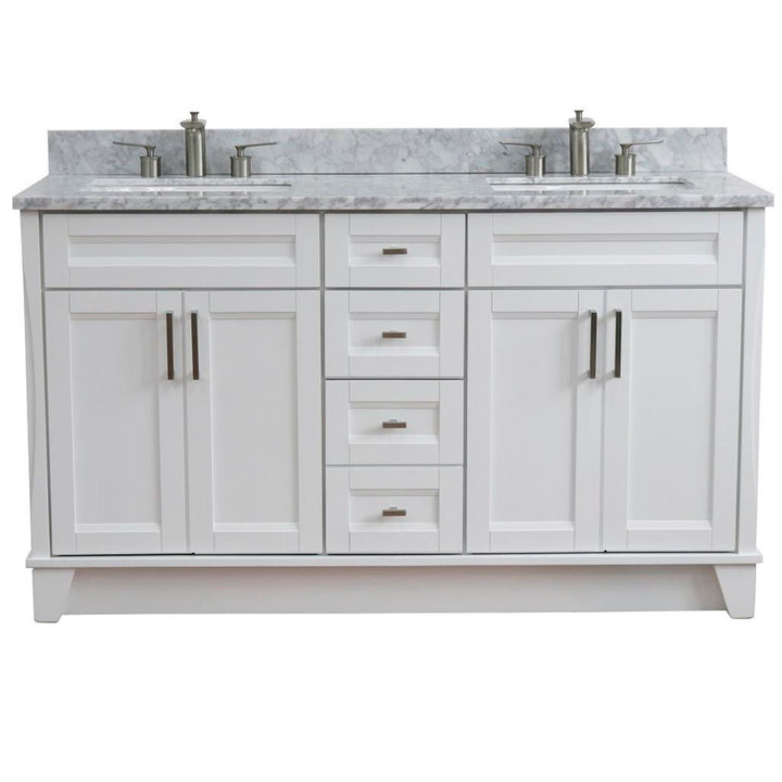 Bellaterra Terni 61" Double Vanity, White, White Carrara Marble Top/Rectangle Sink