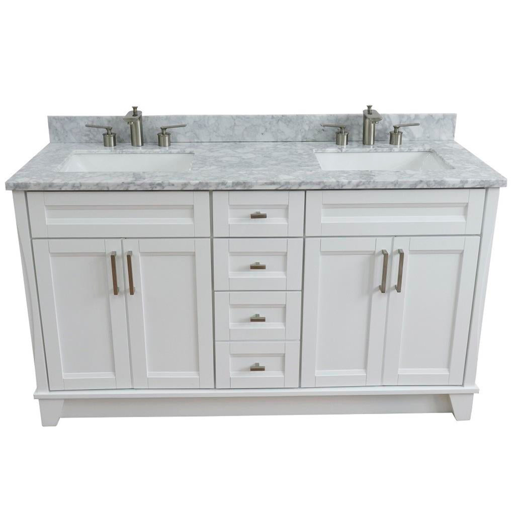 Bellaterra Terni 61" Double Vanity, White, White Carrara Marble Top/Rectangle Sink