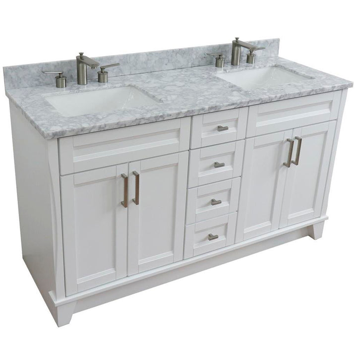 Bellaterra Terni 61" Double Vanity, White, White Carrara Marble Top/Rectangle Sink