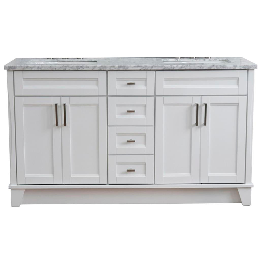 Bellaterra Terni 61" Double Vanity, White, White Carrara Marble Top/Rectangle Sink