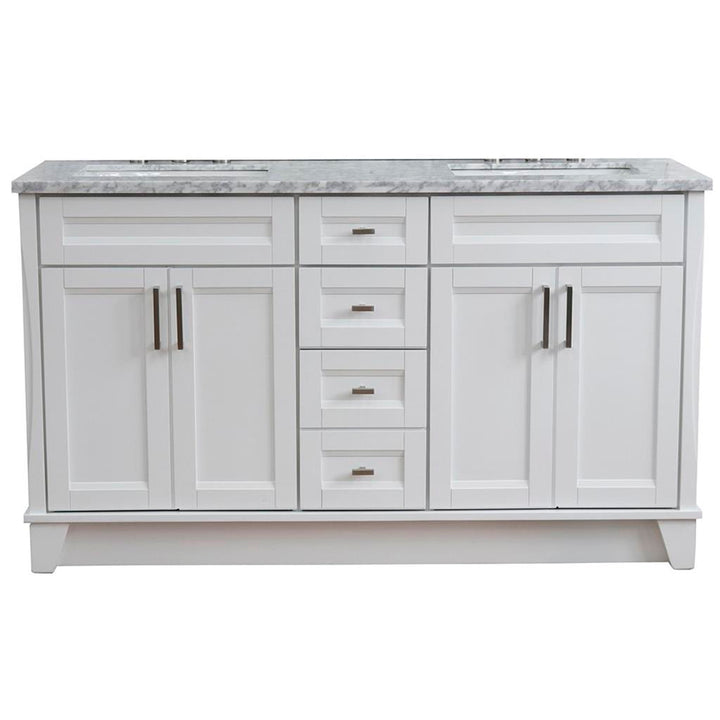 Bellaterra Terni 61" Double Vanity, White, White Carrara Marble Top/Rectangle Sink