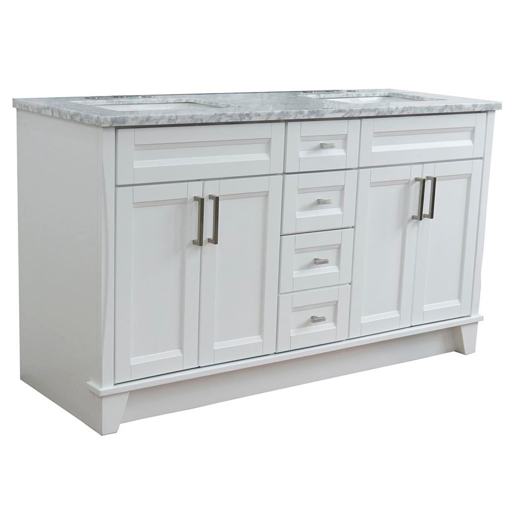 Bellaterra Terni 61" Double Vanity, White, White Carrara Marble Top/Rectangle Sink